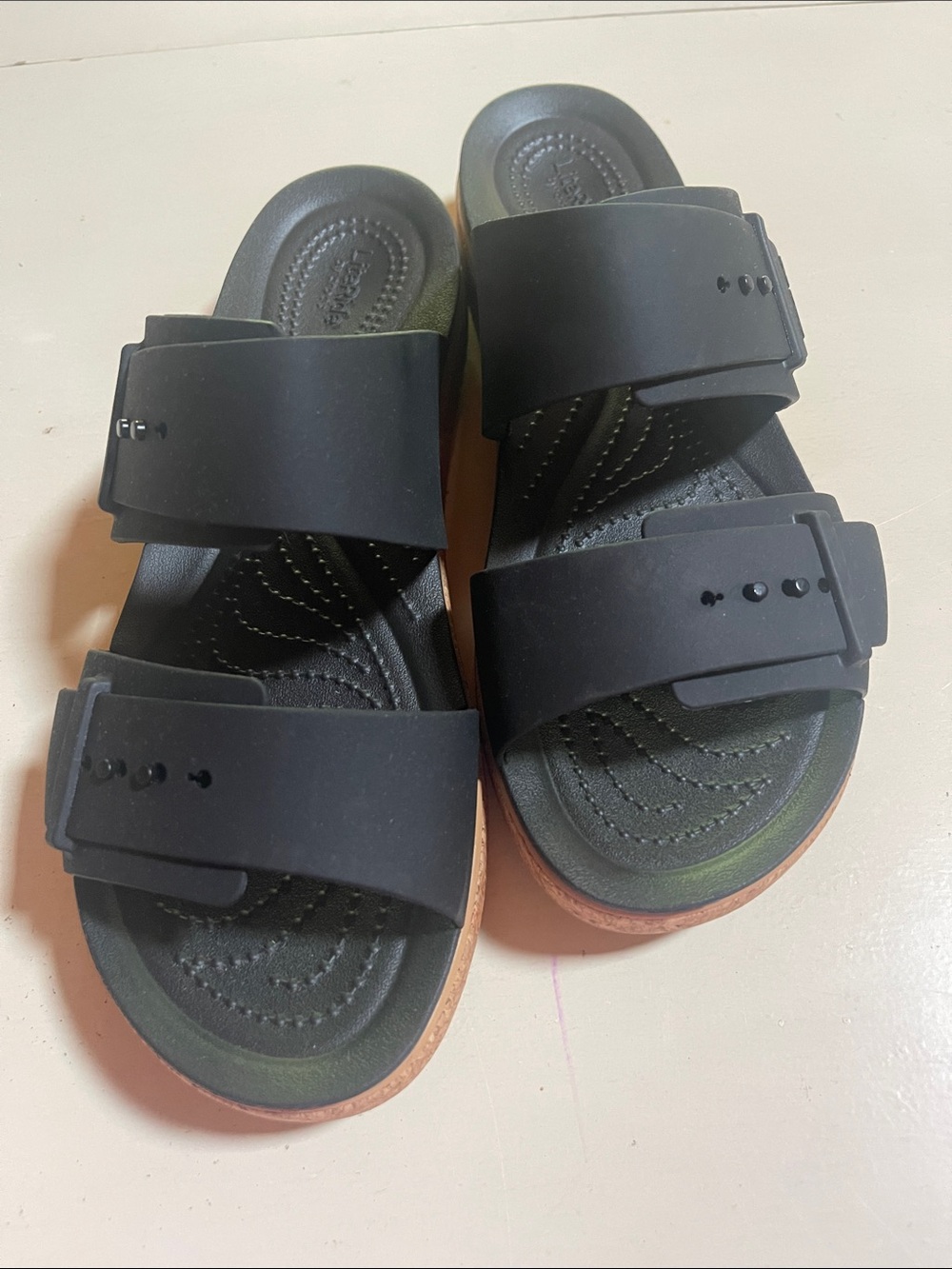 Crocs Women’s Brooklyn Buckle Black and Cork Flat Sandal - Picture 2 of 5